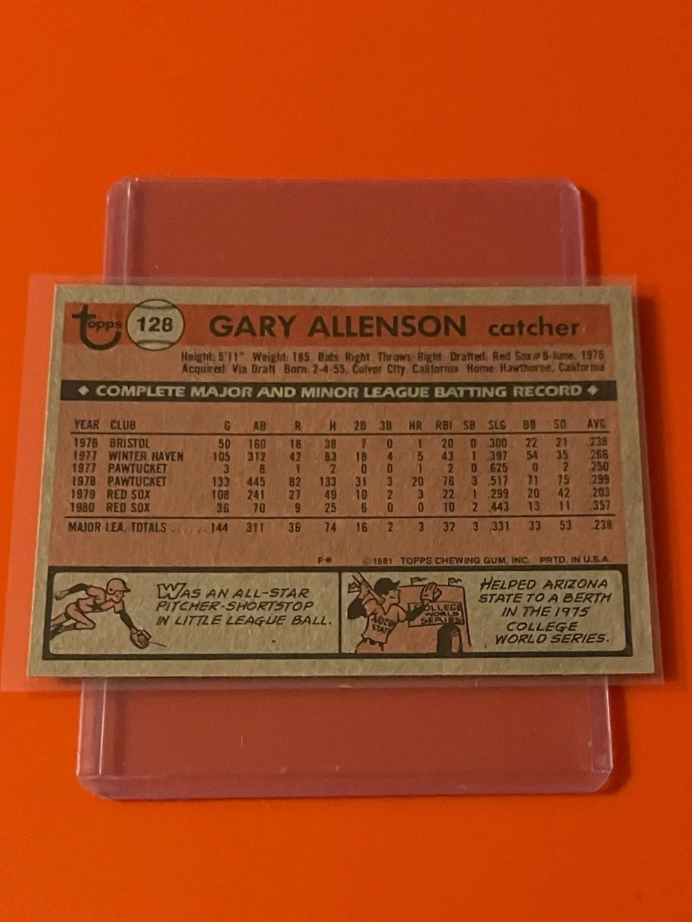 Gary Allenson #128 1981 Topps Baseball Trading Card